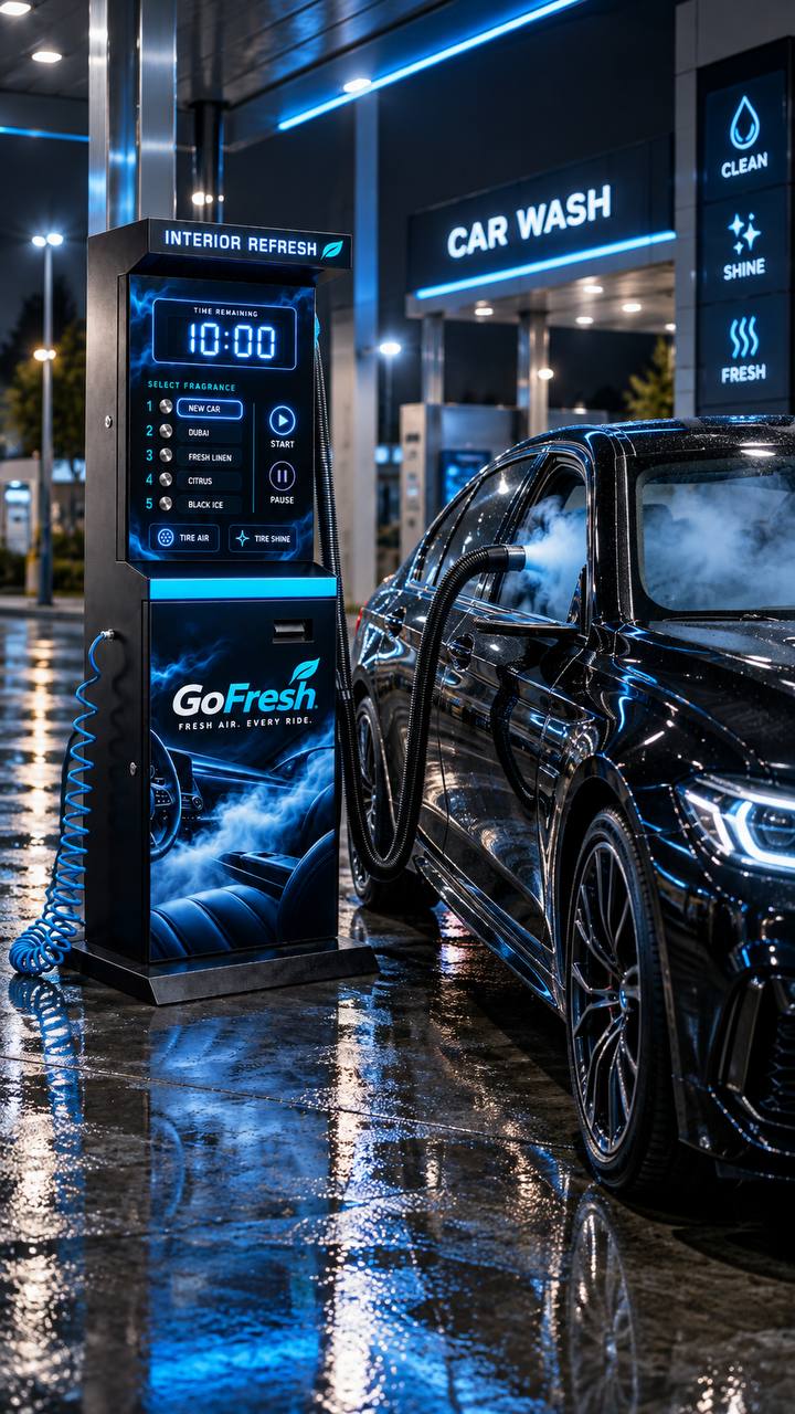 GoFresh machine at a car wash at night, treating a black sedan