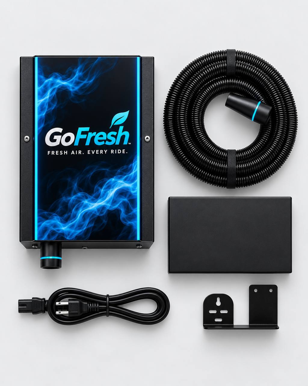 GoFresh wall unit shown with hose, cover, power cord and wall bracket
